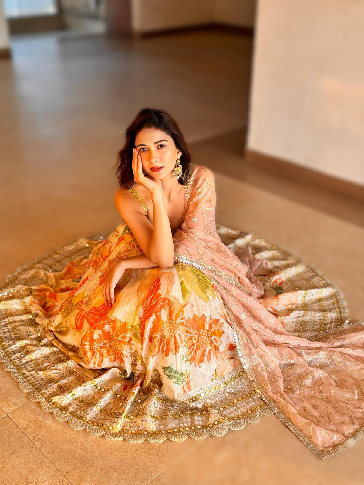 Yellow Mirrored Floral Lehenga