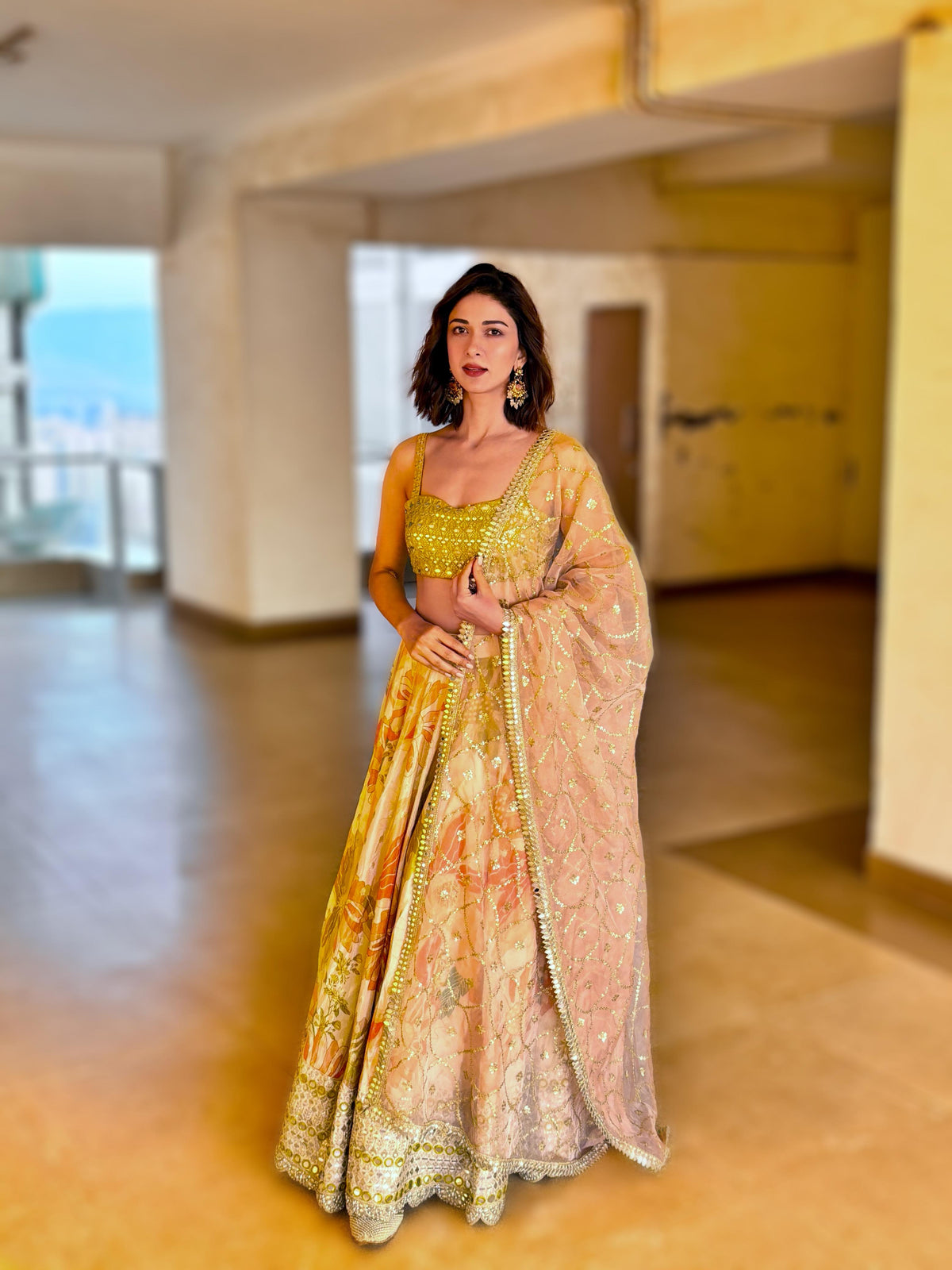 Yellow Mirrored Floral Lehenga