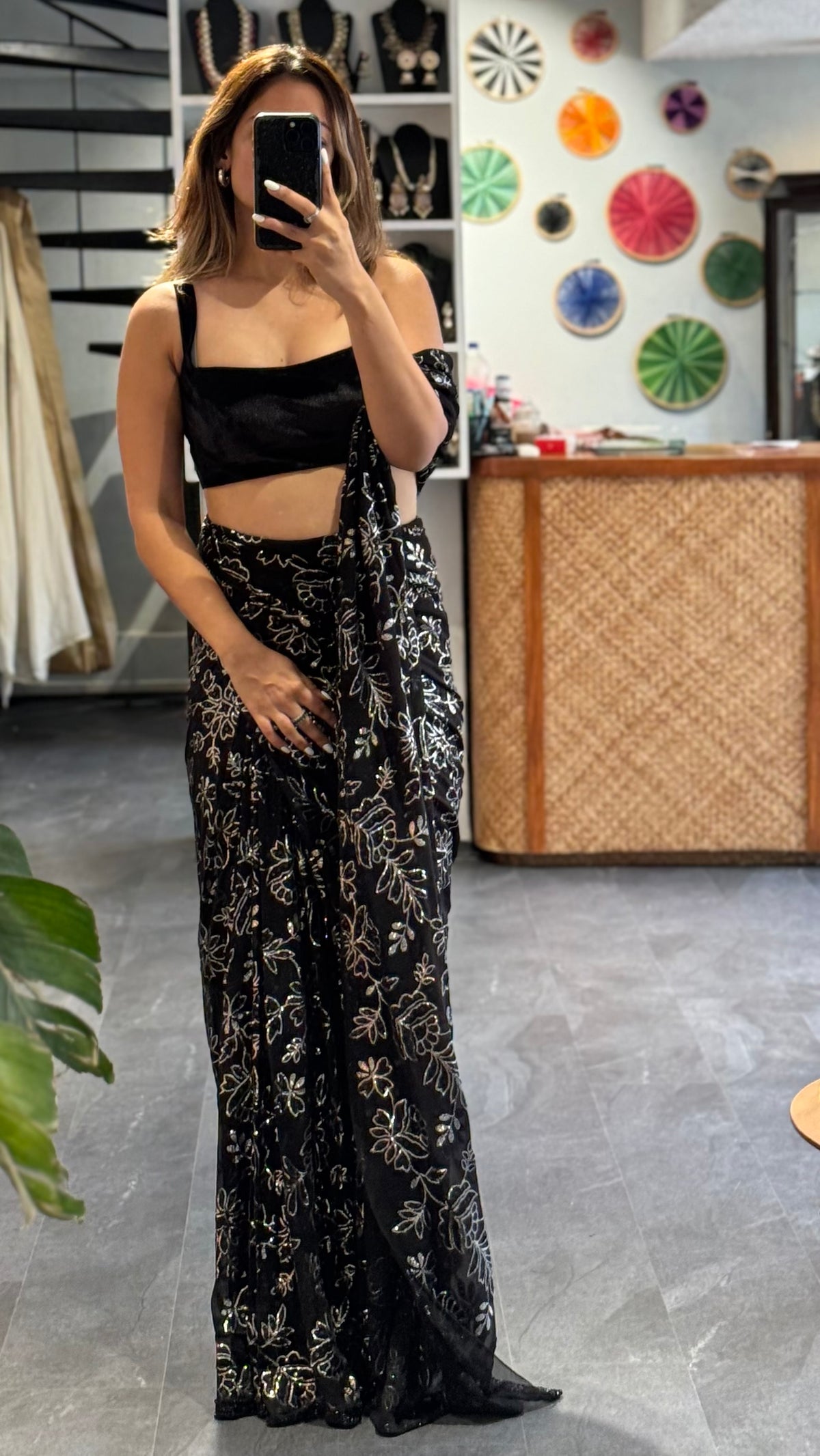 Floral Printed Black Saree