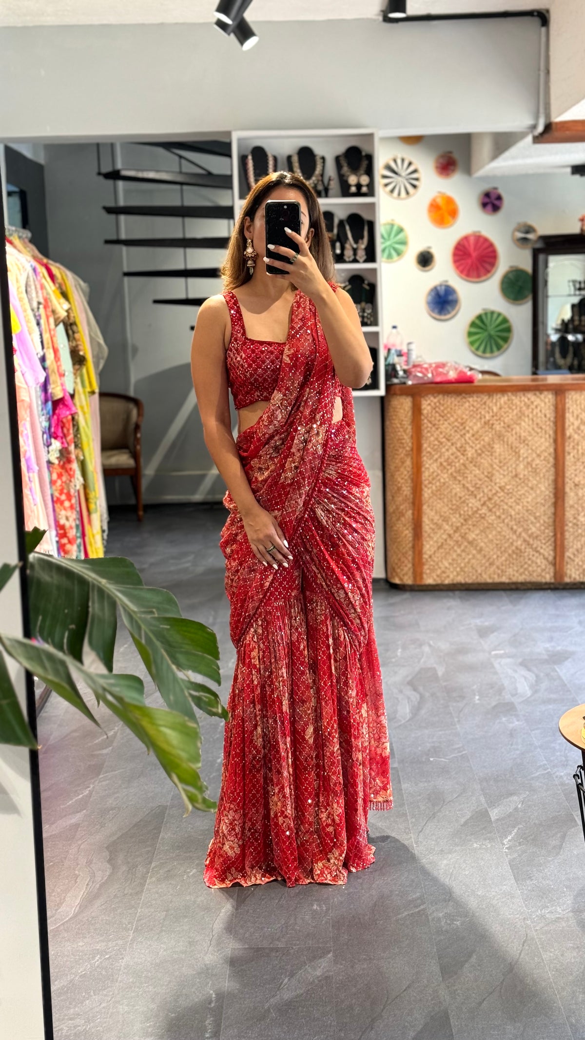 Red Printed Sharara Saree