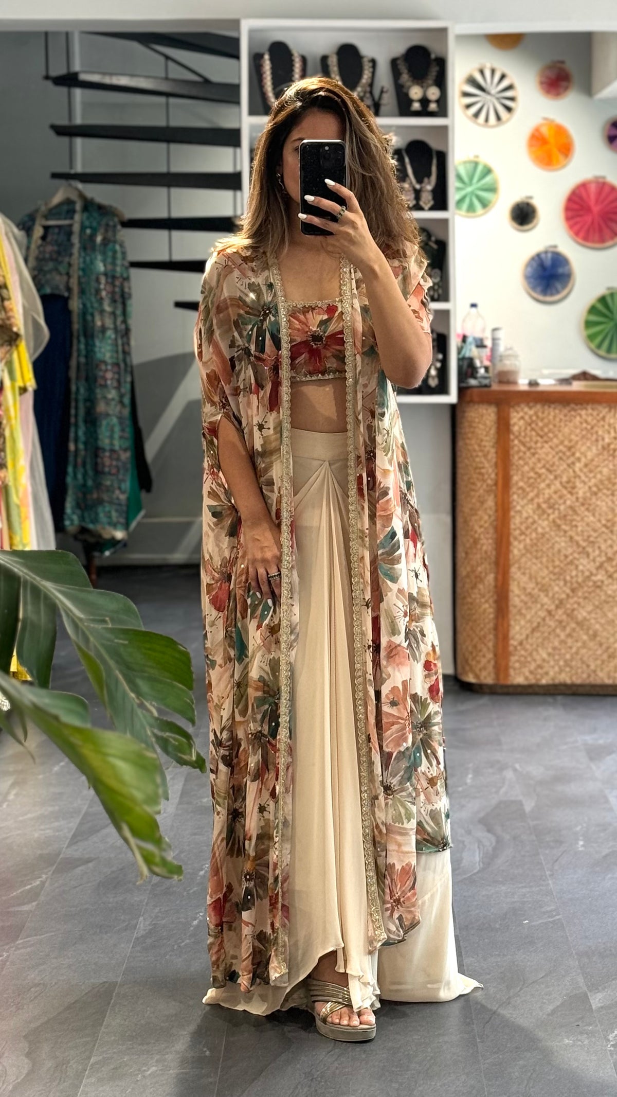 Floral Printed Draped Cape Set