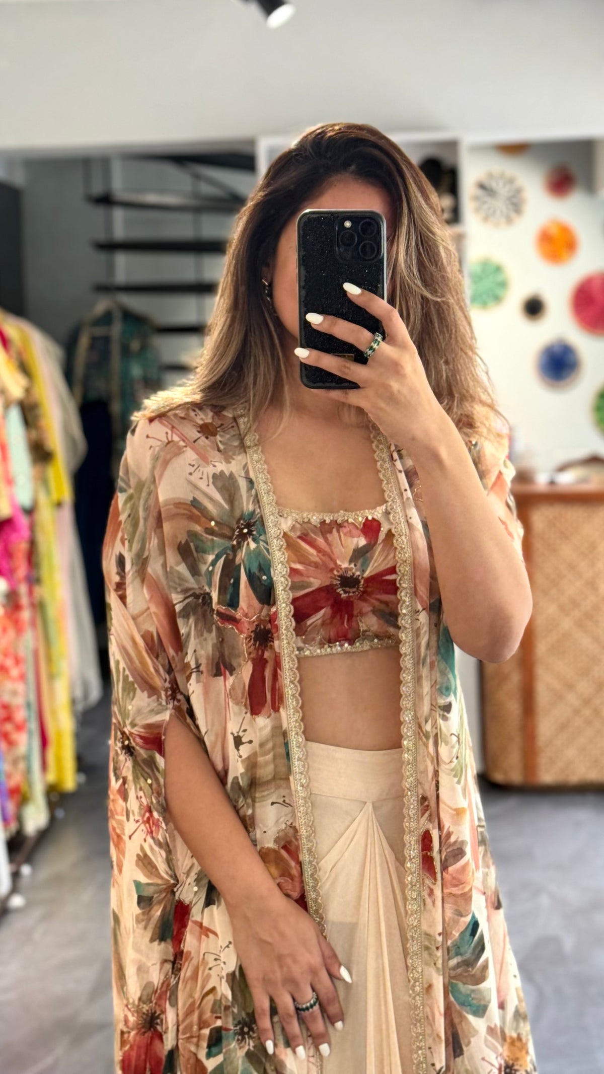 Floral Printed Draped Cape Set