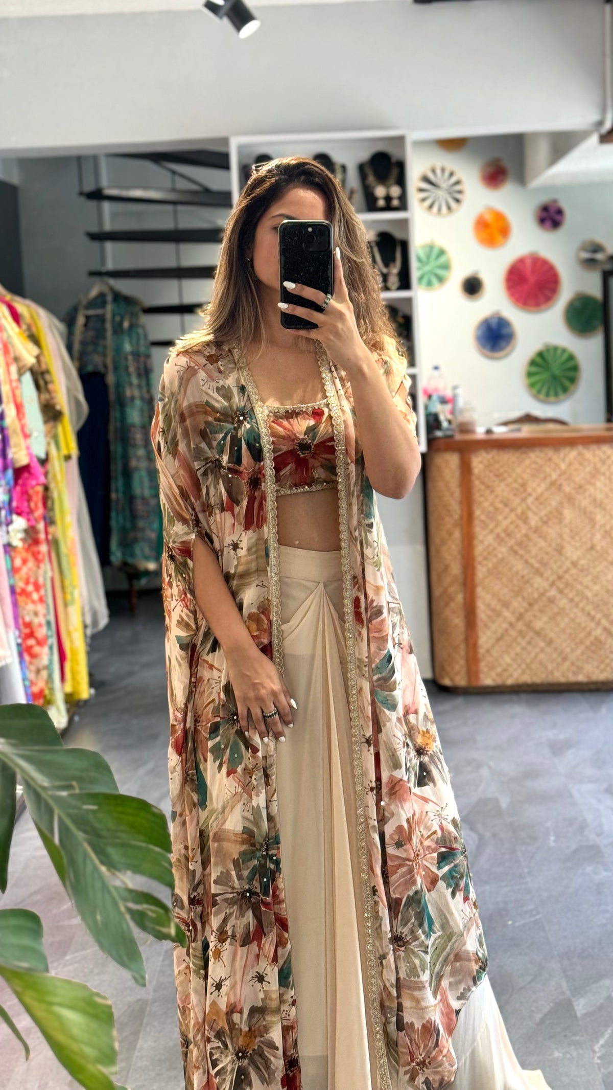 Floral Printed Draped Cape Set